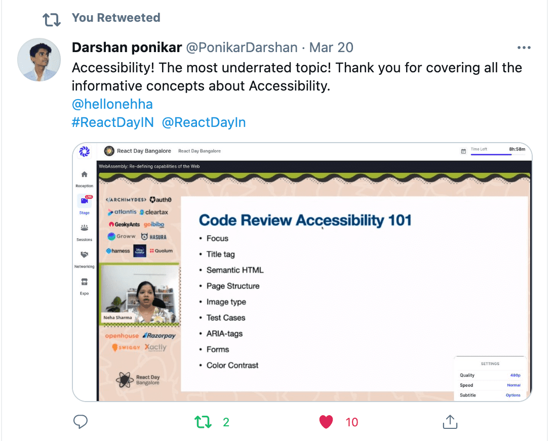 Feedback from Darshan - Accessibility is the most underrated topic. Thank you covering all the nformative concepts about accessibility