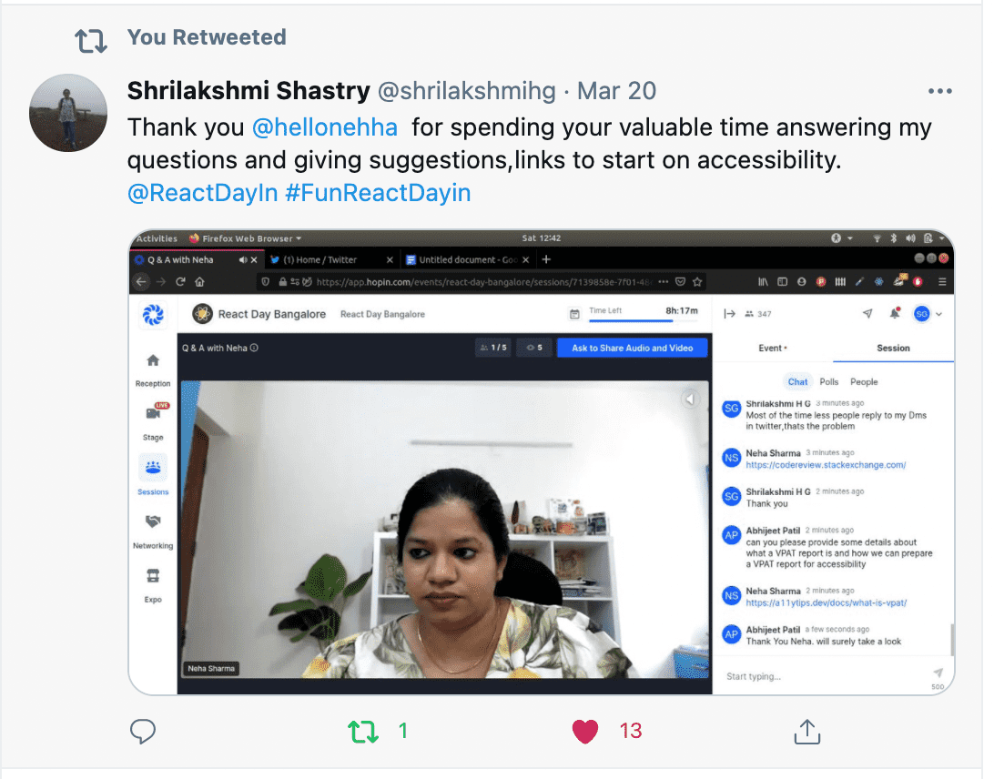 Feedback from Shrilakshim - Thank you Neha for spending your valuable time answering my questions and giving suggestions, links to start on accessibility